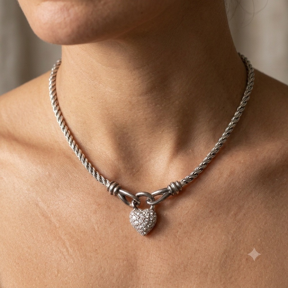 Vintage Napier Silver Tone Rope Chain Necklace Pave Rhinestone Heart Pendant